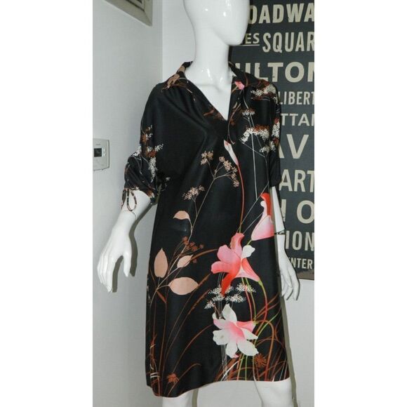 Jinny Jin Dress Black Vintage Flowers Mumu Tie Arms Size Medium - Picture 1 of 9